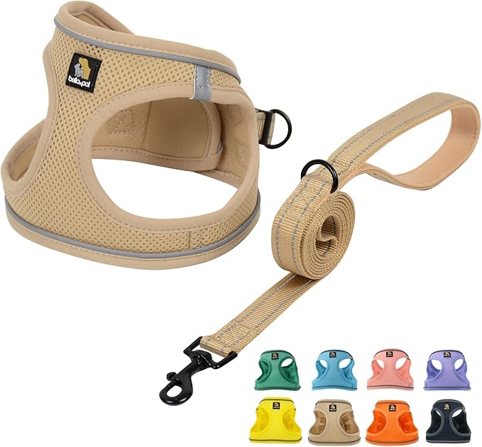 BELLA & PAL Step in Vest Harness for Small and Medium Dogs, No Pull Small Dogs Harness with Leash Set, Comfortable Air Mesh Dog Vest Harness with Reflective Strip (Khaki, S)