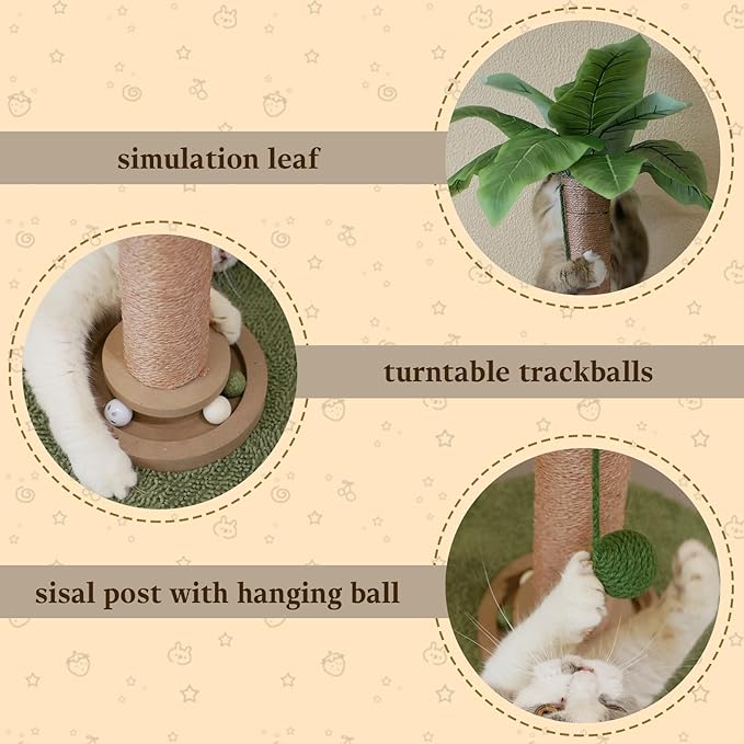 Meowoou Sisal Pole Cat Scratching Post with Wooden Ball Tracker Toy & Interactive Hanging Ball, Natural Palm Leaf Top Cat Tree Tower, 33 inch Tall Round Plush Base Pad for Indoor Kitten Scratcher
