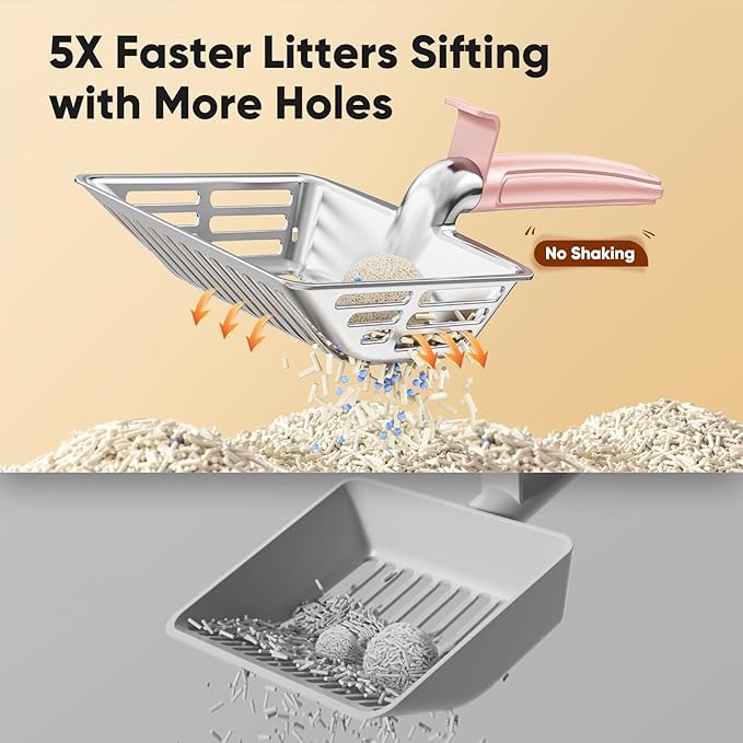 Metal Cat Litter Scoop, Large Cat Scooper with Deep Shovel & Dual Sifting Holes for Fast & Precise Sifting, Space Aluminum Kitty Litter Scooper with Long Handle & Easy-to-Hang Hook - Pink