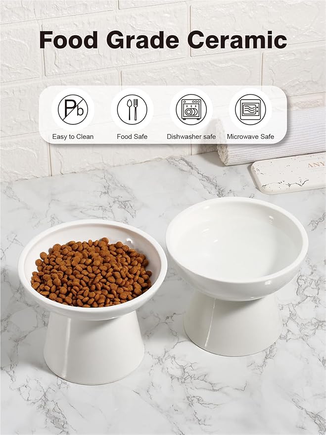 LoeJan Elevated Food and Water Bowls Set, Extra Wide and Raised Ceramic Feeder, Anti-Vomit Whisker-Free Pressure Cat Feeding Bowl for Kittens Adult Cats Small Dogs (White, Food Bowl)