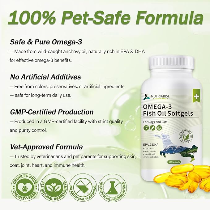 【NUTRIARISE】 Omega 3 Fish Oil Capsules for Dogs – Supports Heart, Skin & Coat, Dog Supplement with EPA & DHA | 120 Softgels