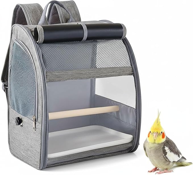 Bird Carrier with Mesh Window and Removable Perch & Tray, 12.2 X 9.6 X 15 in Portable Gray Bird Backpack, Suitable for Cockatiel