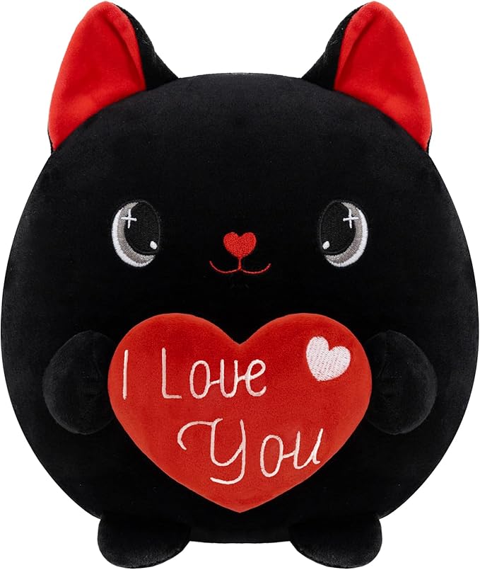 Cat Plush Black Cat Stuffed Animal Toy Holding Heart with I Love You, Valentine Plush with Red Heart for Mother's Day, Girlfriend Valentine Party Favor(Black, 10 Inch)