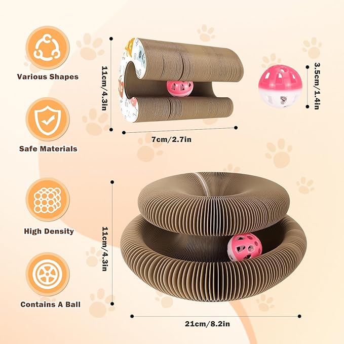 2PCS Interactive Cardboard Cat Toys,Cat Scratching Board with A Ball,Shape Shifting Accordion Cat Scratcher Toys with Different Shapes,Magic Kitten Scratcher Pads for Indoor