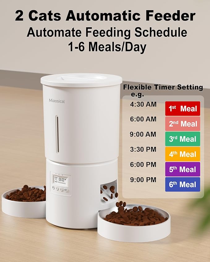 Automatic Cat Feeder for 2 Cats,6 Meals/Day,12 Portions/Meal,Dual Power Double Bowls,Dry Pet Food Autofeeder,10S Voice Record,Flexible Programmable Schedule Timer(White,Stainless Dual Bowls)