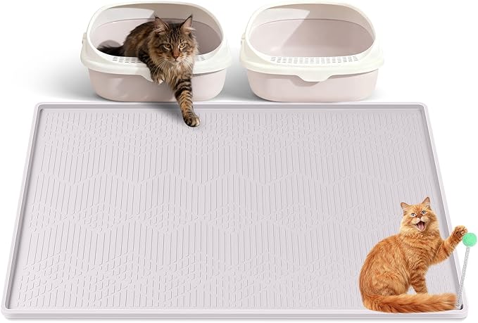 Large Cat Litter Mat with Toy Ball, 38'' x 25'' Silicone Cat Litter Trapping Mat for Scatter Control, Soft on Kitty Paws, Easy to Clean (White)