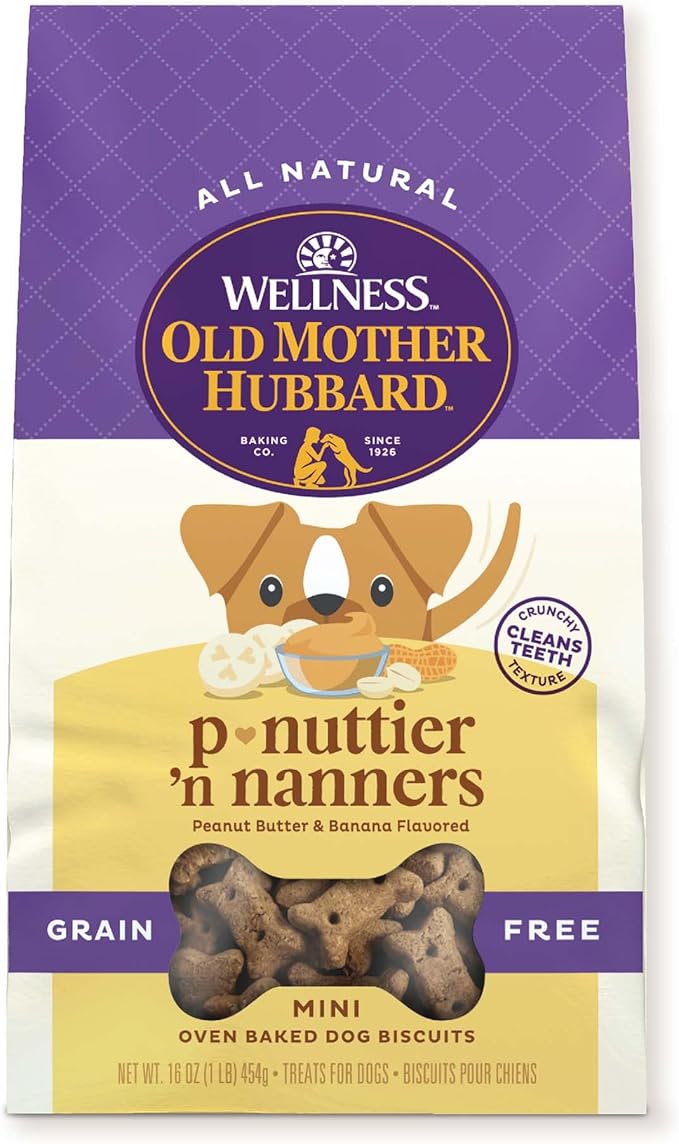 Wellness Old Mother Hubbard P-Nuttier 'N Nanners Dog Biscuits, Natural, Training Treats, Peanut Butter & Banana Flavor, Mini Size, (1 Pound Bag)