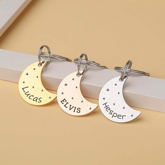 Anavia Small Size Dog Cat ID Tags, Small/XS Personalized Color Plated Stainless Steel Puppy Kitten Name Tags, Customized Engraved Nameplate Pet Collar Tag (Gold, Moon)