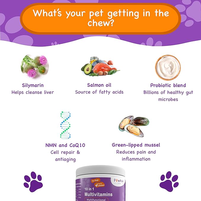 Multifunctional Dog Supplements and Vitamins, Silymarin, Green Lipped Mussel, Glucosamine, MSM, Salmon Oil, Probiotics, Co-Q10, NMN, Antioxidant, Immune, Gut, UTI, Radiant Skin & Coat