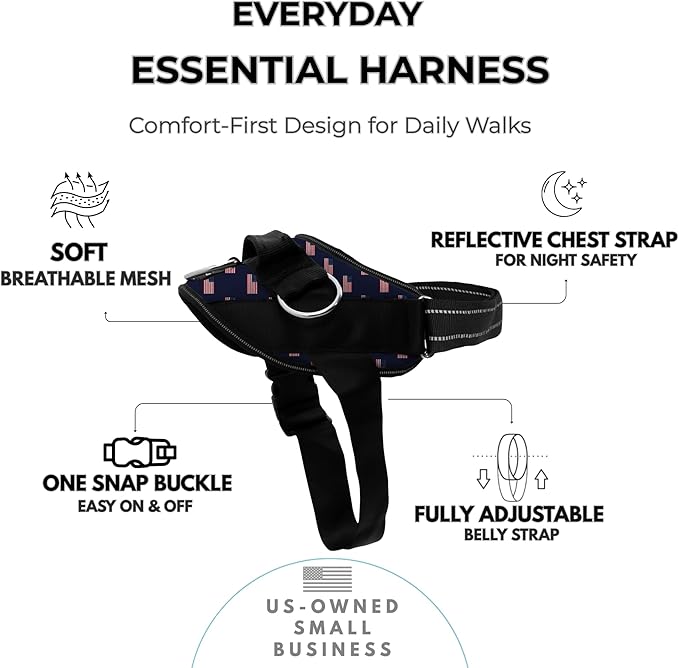 ShawnCo Essential Dog Harness, No-Pull Pet Vest with 3 Leash Clips, No Choke, Reflective, Adjustable and Padded, for Easy Walking and Training for Small, Medium and Large Dogs (USA Flag,L)