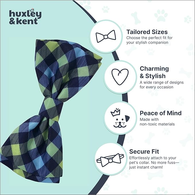 Huxley & Kent Pet Bow Tie for Dogs & Cats - Adjustable Hook & Loop Collar Accessory - Cute & Comfortable for Holidays & Celebrations - Navy Check, Large