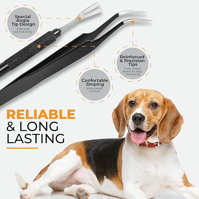 Premium Tick Removal Tool - Stainless Steel Tick & Flea Remover for Pets Dogs Cats Humans -Safe Tick Control Puller &Precision Fine Point Tweezers to Completed Remove Ticks, 1 Set