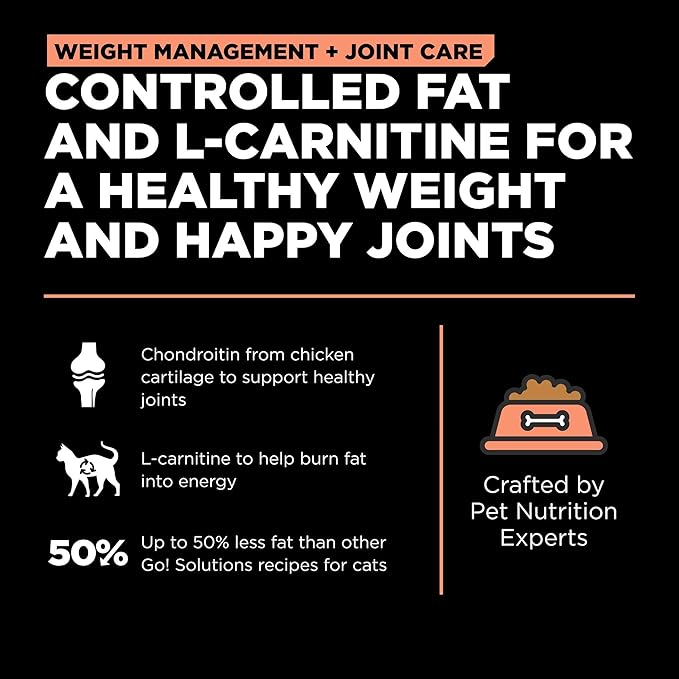 Go! Solutions Weight Management + Joint Care Salmon Grain-Free Dry Cat Food, Premium Kibble for Healthy Dieting in Adults & Seniors, with Natural Sources of Chondroitin for Good Mobility,3 lb Bag