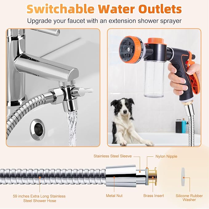 Bathtub Faucet Sprayer Attachment for Tub, Dog Washing Hose Attachment for Bathtub with Faucet Adapters, Sink Sprayer Dog Bath Hose Attachment for Tub Faucet, Dog Shower Attachment