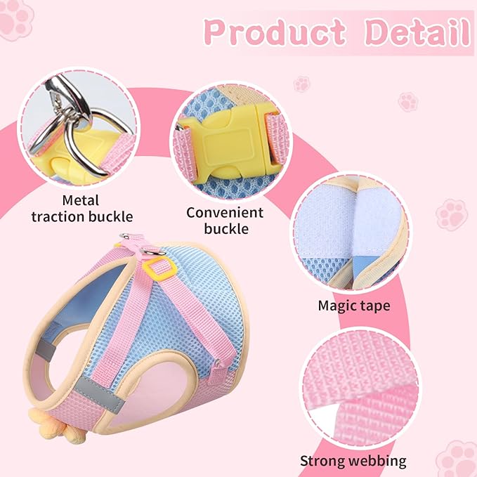 Cat Harness and Leash Set for Walking Escape Proof, Adjustable Kitten Harness Breathable Mesh with Reflective Strips Harness with Flower for Kitty Puppy Bunny Pink M
