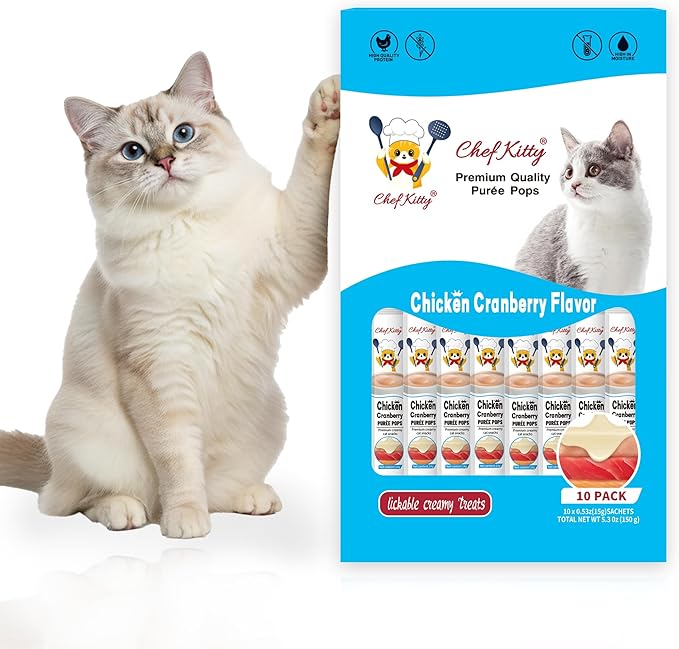 Purée Pops, Cat Treats, Grain-Free, Lickable, Squeezable Creamy Cat Treat/Topper with Vitamin E & Taurine, 0.5 Ounces Each Tube, 10 Tubes, Chicken with Cranberry Recipe