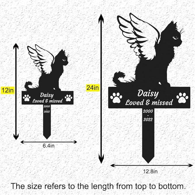 Custom Cat Memorial Stake Grave Marker, Personalized Metal Cat Memorial Grave Marker with Wings, Pet Cat Remembrance Stake Customized Cat Memorial Plaque with Paws Cat Loss Sympathy Sign
