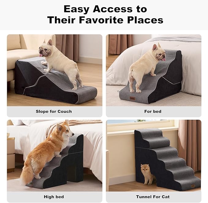 Dog Ramp for Large Dogs - 24" H 5 Steps Pet Stairs for High Bed with Tunnel 2 in 1 with Zippers Suitable, Indoor Cat Ladders with Non-Slip Bottom, Black