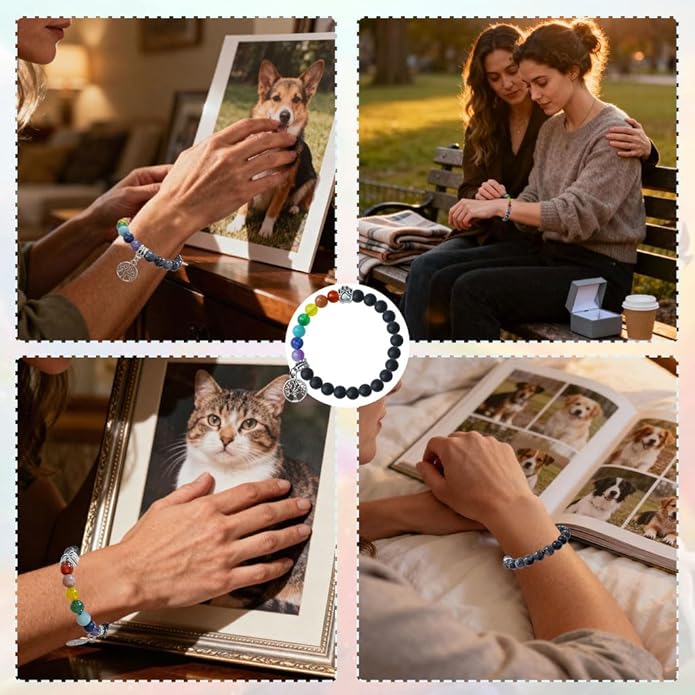Pet Memorial Gifts, Sympathy Gift for Loss of Dogs and Cats, Chakra Rainbow Bridge Bracelet for Women Men Who Lost Pets