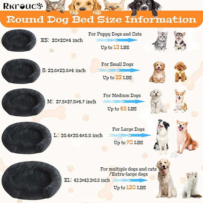 Fluffy Dog Bed Calming Donut Beds for Large Dogs Warming Round Small Medium Pet Nest Cozy Cat Mattress Indoor Washable Puppy Kennel Kittens Sleep Mat (M, 27.5×27.5 inch, Dark Gray)