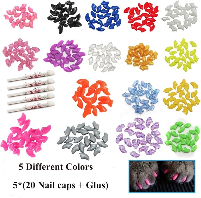 VICTHY Cat Nail Caps, 100pcs Medium Size 5 Colors, with Glue and Applicators, Natural Vinyl Resin, Long-lasting, for Cat Claw Care, Protect Homes and Furniture, Avoid Scratching, Multicolor