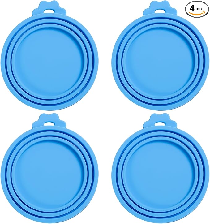 PINE & LINEN 4 Pcs Durable Pet Can Lids,One fit 3 Standard Size Silicone Waterproof Cat Food Cans Lids for 3oz/5.5oz/12.5oz/13.2oz Cat Food Cans（Sky Blue）