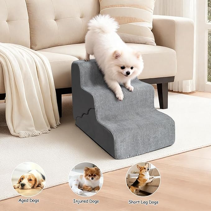 Pet Dog Stairs for Small Dogs, 2 in 1 Transformable 3-Step Pet Stairs and Wave Anti-Fall Slope for Short Legs and Long Legs Dog, for Couch (12-19 in) with Durable Non-Slip Waterproof Cover（Grey）