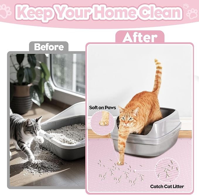 Cat Litter Mat, Extra Large 34" x 22" Silicone Mat Litter Trapping Mat for Scatter Control, Soft on Kitty Paws, Easy to Clean (Pink)