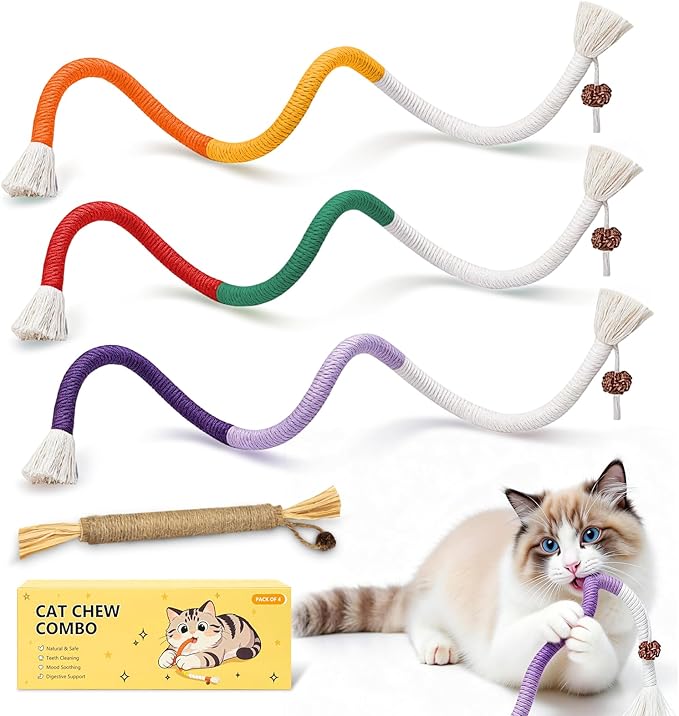 Cat Toys for Indoor Cats Chew Ropes 3Pcs, Silvervine Stick 1Pcs with Gall Fruit, Interactive Catnip Toy for Kittens Dental Care Teeth Cleaning