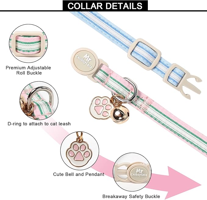 Cat Collar, 2 Pack Pink&Blue Stripe Kitty Collar, Cute Breakaway Kitten Collar with Bell&Pendent, Soft Cotton Collar with Safety Buckle for Female Male Cats