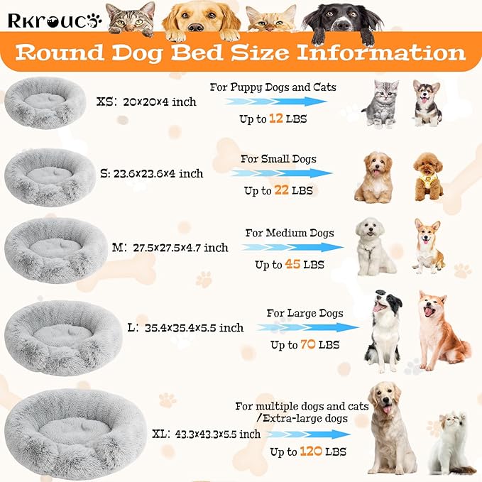 Fluffy Dog Bed Calming Donut Beds for Large Dogs Warming Round Small Medium Pet Nest Cozy Cat Mattress Indoor Washable Puppy Kennel Kittens Sleep Mat (S, 23.6×23.6 inch, Light Gray)