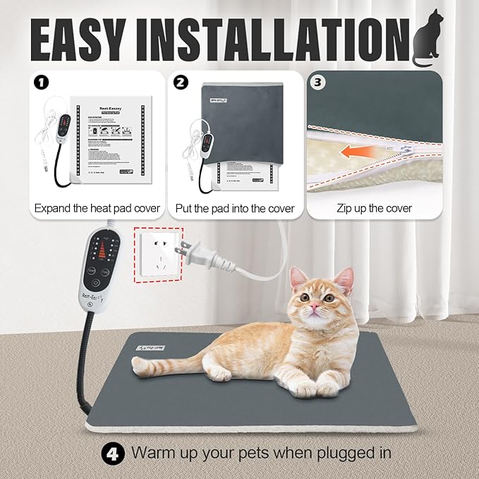 Rest-Eazzzy Heating Pad, Heated Cat Bed with Removable Cover, 5-Level Timer & Temperature, Indoor Warming Mat for Cats & Dogs (Pure-Grey, 2pcs)