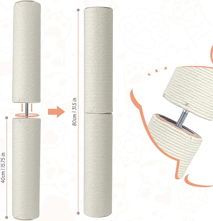 Cat Scratching Post Replacement Pole, 15.75" H, Sisal Pole Replacement Cat Tree Post Indoor, Small Size, with M8 Screws Beige (2PCS)