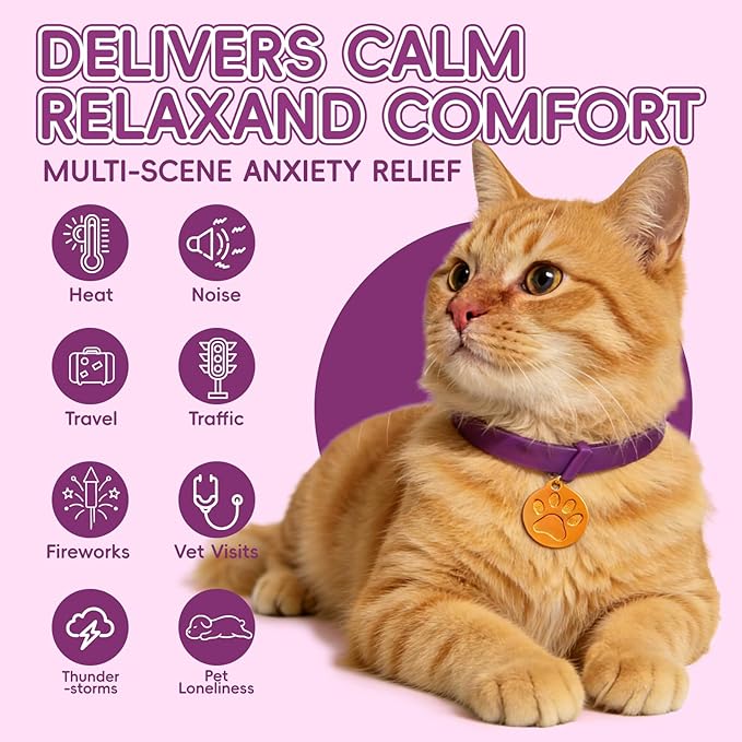 Calming Collars for Cats, 4 Packs Adjustable Calming Cat Collar with Pheromone Scent, with Yellow Gold Pendants, 120 Days Calm Relief for Anxious Cats, 15 Inch, Purple