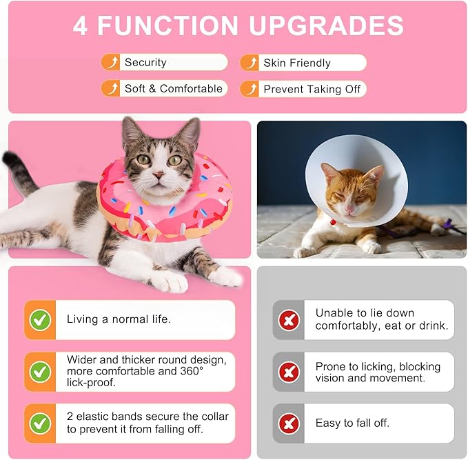 BINGPET Cat Cone Collars Soft,Cat Recovery E Collars After Surgery to Stop Licking,Waterproof Adjustable Elizabeth Neck Cones Cute Pet Donut Pillow for Cats Kitten Puppy Wound Healing After Surgery,M