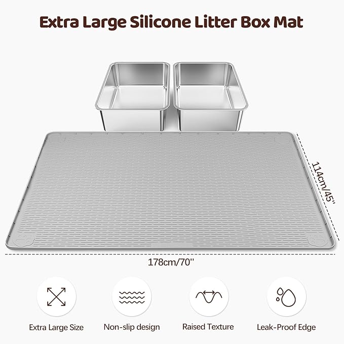 Cat Litter Mat, Extra Large 70" x 45" Silicone Mat Litter Trapping Mat for Scatter Control, Soft on Kitty Paws, Easy to Clean (Light Grey)