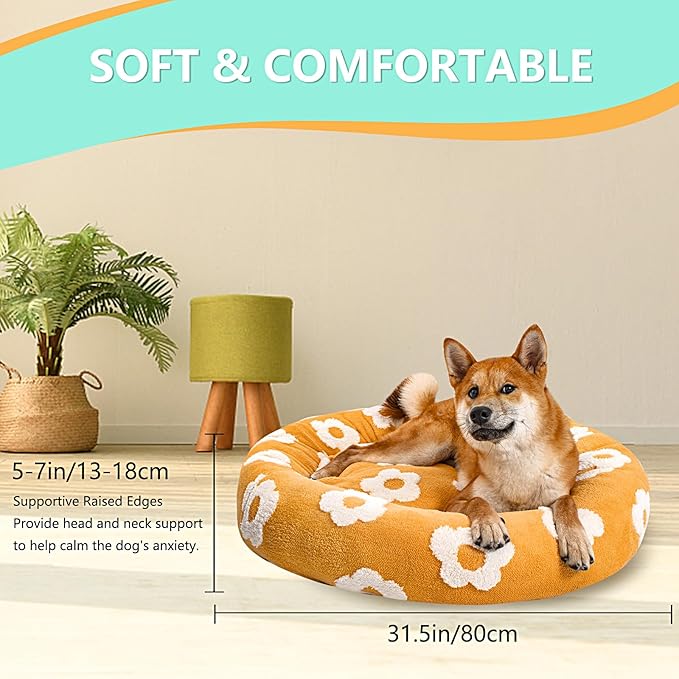 31 Inch Calming Dog Bed for Medium Dogs, Round Anti-Anxiety Warm Bed, Soft Cozy Anti-Slip Donut Washable Pet Bed, Fits up to 50 lbs Pets