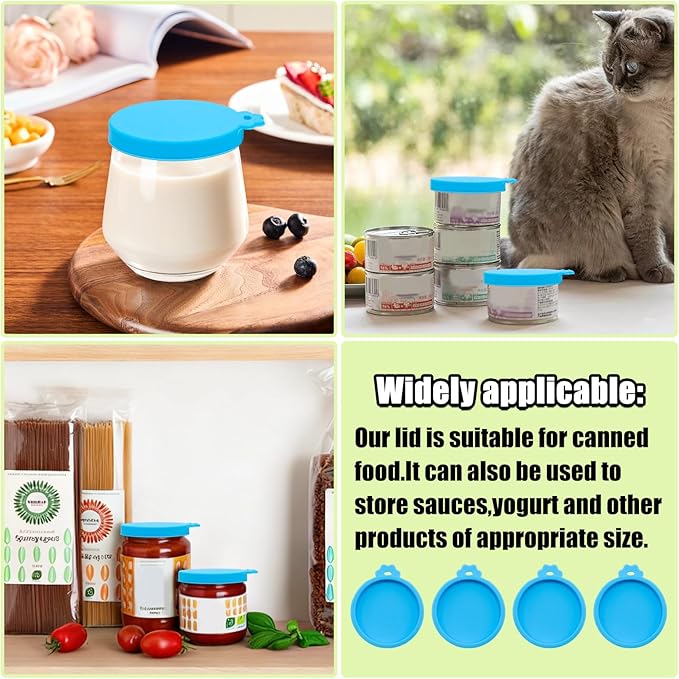 PINE & LINEN 4 Pcs 2.5inch Durable Pet Can Lids,Silicone Small Pet Can Covers Waterproof Cat Food Cans Lids for 3 oz Cat Food Cans（Sky Blue）