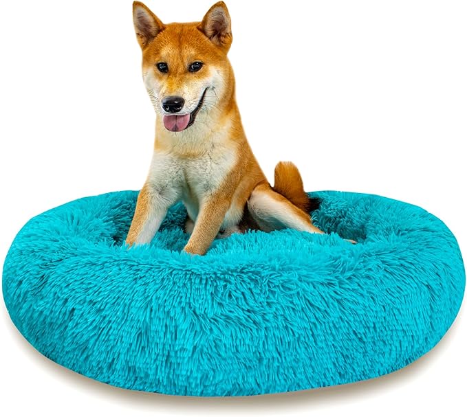 Calming Dog Bed for Medium Dogs Cats, Puppy 31'' Round Anti-Anxiety Warm Fluffy Plush Faux Fur Bed, Soft Anti-Slip Donut Washable, Cozy Medium Puppy Bed, Fits up to 50 lbs Pets
