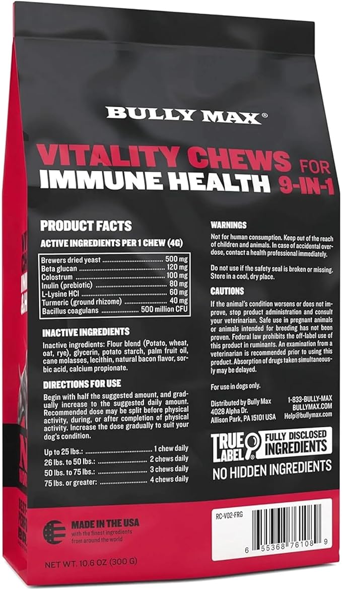 Bully Max Dog Chews & Multivitamin Treats for Puppy & Adult Dogs - 75 Soft Chews, Dog Supplements & Vitamins for All Breeds - Skin, Coat, Brain, Heart, Digestive Health, Immunity, Joint Support