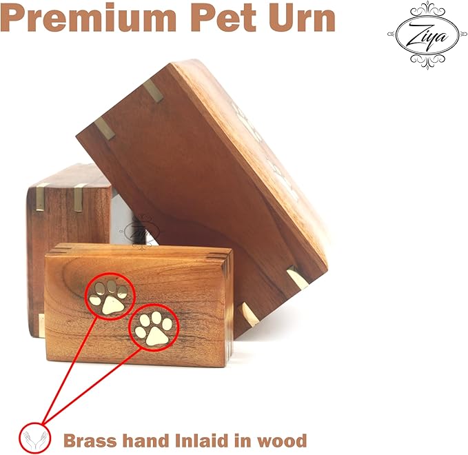 ZIYA Wooden Small Cremation Pet Urn for Dog and Cat Ashes Box | Handmade Wood Memorial Pet Urn | Brass Paws Inlaid | Pet Memorial | Funeral Urns for Pet Ashes | Mini Keepsake | up to 12 Pounds