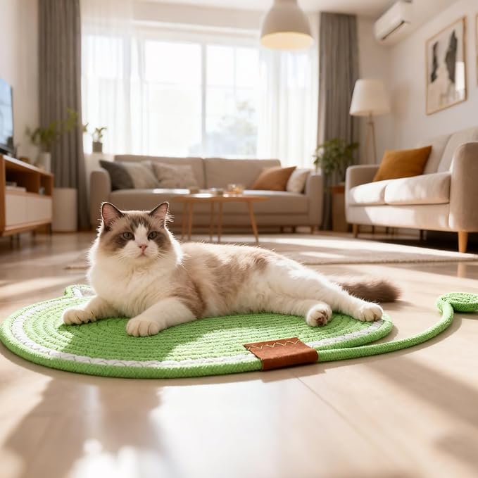 2 PC Cat Scratcher Mat - Natural Cotton Rope Oval Horizontal Scratch Pad (11''x13.7'') with Dangling Ball Toy, Cat Ear Design, Furniture Protector for Floor/Wall, Durable Handmade (Brown, 2 PC)