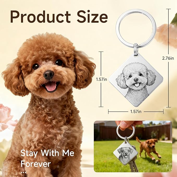 Custom Dog or Cat Portrait Keychain, Personalized Photo Engraved Keychains with Name, Customized Pet Memorial Gifts for Loss of Pets (Diamond Shape)