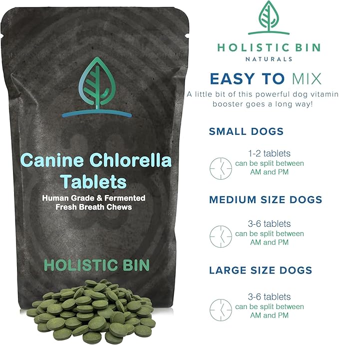 Holistic Bin Canine Fermented Chlorella Tablets | Plant-Based Supplements for Pets | Nutrient-Rich Dog Meal Toppers | Breath Freshener Treats Packed with Chlorophyll | Chlorella Tablets (100 Pieces)