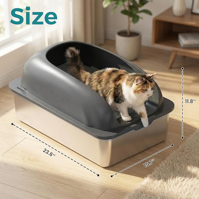 OLIXIS Stainless Steel Cat Litter Box with Lid, Large Cat Litter Box for Big Cats, High Wall Sides, Anti-Urine Leakage, Easy Cleaning, Scoop and Mat Included, Dark Gray