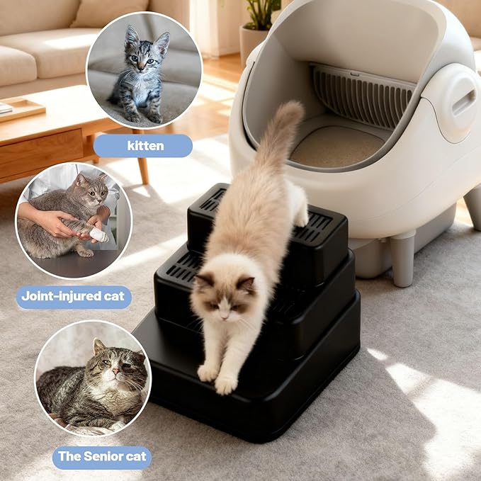 Adjustable 3 Steps Cat Litter Box Ramp with Detachable Litter Trapper, Non-Slip Anti-Tracking Easy Clean Cat Steps for Small & Elderly Cats, Fits Automatic Litter Boxes (Black)