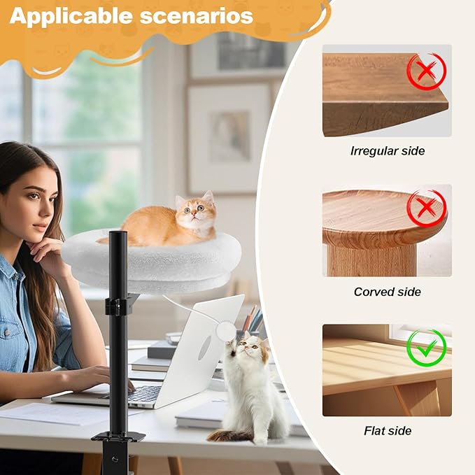 Cat Desk Bed, Pet Cats Desk Table Round Hammock, 360° Rotation & Height Adjustable, Comfortable Washable Soft Pad for Kitten, Metal Frame for Table Mounted Desk Side Pet Perch Bed Furniture