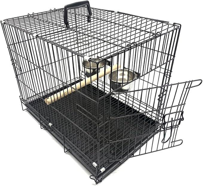Durable Easy Portable Collapsible Metal Travel or Veterinary Collapsable Parrot Bird Carrier Bite-Proof Easy Clean Carrier Cage with Stainless Steel Feeder Bowls Natural Wooden Perch