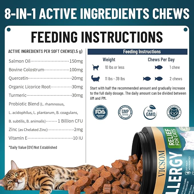 Cat Allergy Relief for Cats, 200 Cat Itchy Skin Allergy Relief Chews for Immune Support & Seasonal Allergies, Anti-Itch Relief for Cats Paws, Eyes, Ears, Stop Licking & Scratching, Chicken Flavor