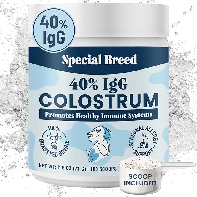 40% IgG Grass Fed Colostrum for Dogs, Third Party Tested High Potency Colostrum Powder, Immune Support, Prebiotic Gut Health, Seasonal Allergy and Itch Relief, Made in USA, 2.5 Oz
